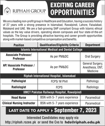 Riphah Group Jobs 2023 August Teaching Faculty & Others Latest
