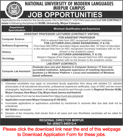 NUML University Mirpur Khas Campus Jobs August 2023 Application Form Teaching Faculty & Lab Assistant Latest