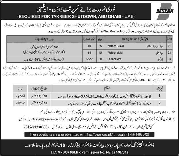 DESCON Engineering Shutdown Jobs 2023 August Welders & Fabricators Latest