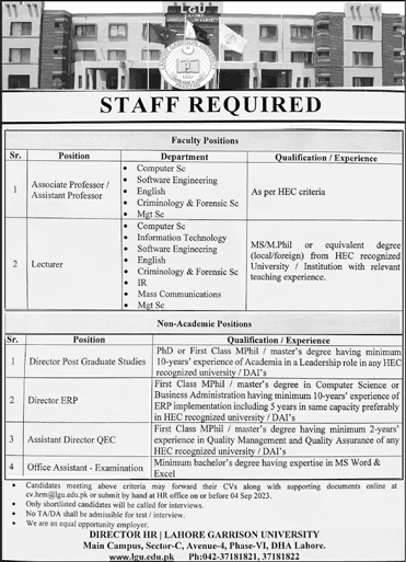 Lahore Garrison University Jobs August 2023 Teaching Faculty & Others Latest