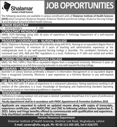 Shalamar Institute of Health Sciences Lahore Jobs August 2023 Nursing Instructor, Lab Supervisor & Others Latest