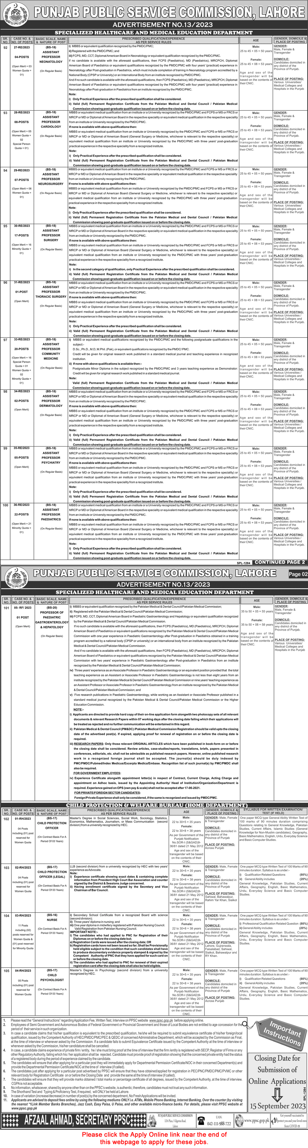 PPSC Jobs August 2023 September Online Apply Consolidated Advertisement No 13/2023 Latest