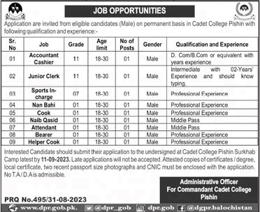 Cadet College Pishin Jobs September 2023 Clerk & Others Latest