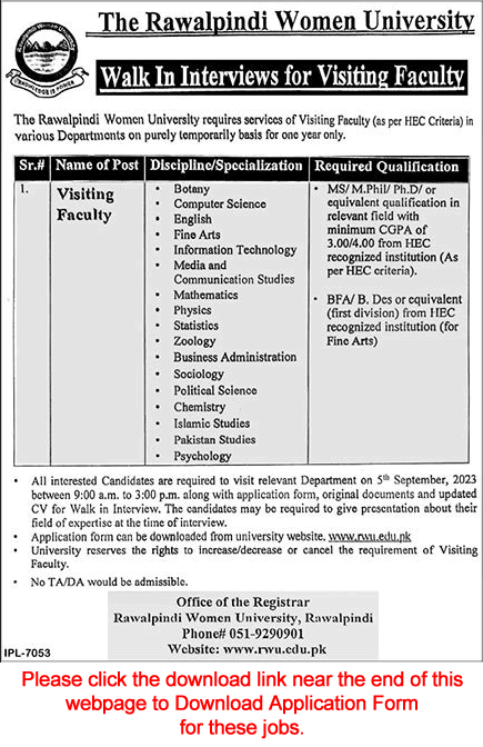Visiting Faculty Jobs in Rawalpindi Medical University September 2023 Walk in Interview Latest