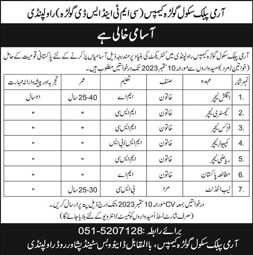 Army Public School Golra Campus Rawalpindi Jobs September 2023 Teachers & Lab Attendant Latest