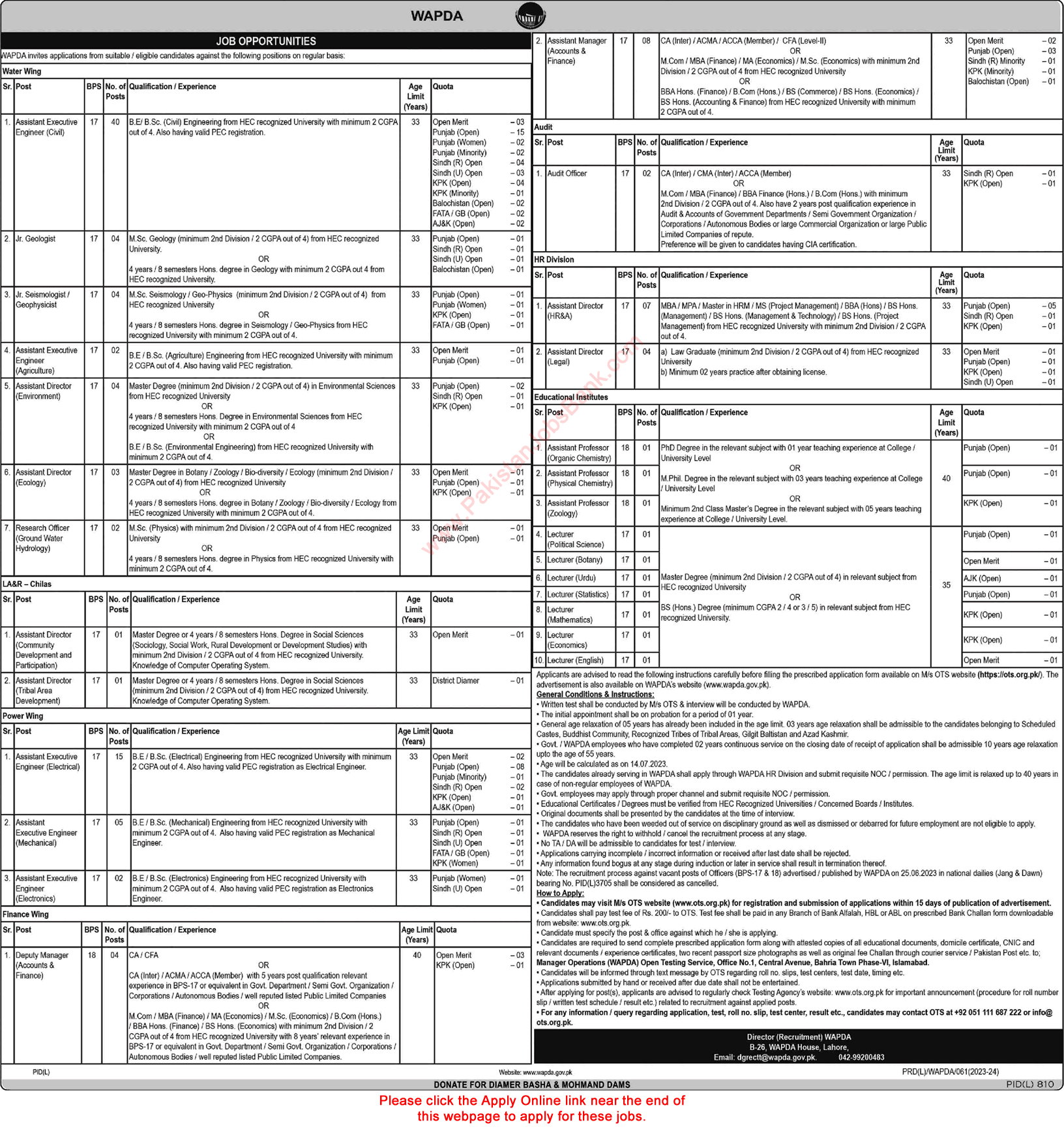 WAPDA Jobs September 2023 OTS Online Application Form Water and Power Development Authority Latest