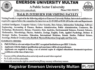 Visiting Faculty Jobs in Emerson University Multan September 2023 Walk In Interview Latest