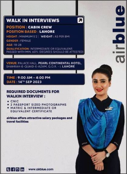 Airhostess Jobs in Air Blue September 2023 Female Cabin Crew Walk in Interviews Latest