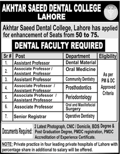 Teaching Faculty Jobs in Akhtar Saeed Medical and Dental College Lahore 2023 September Latest