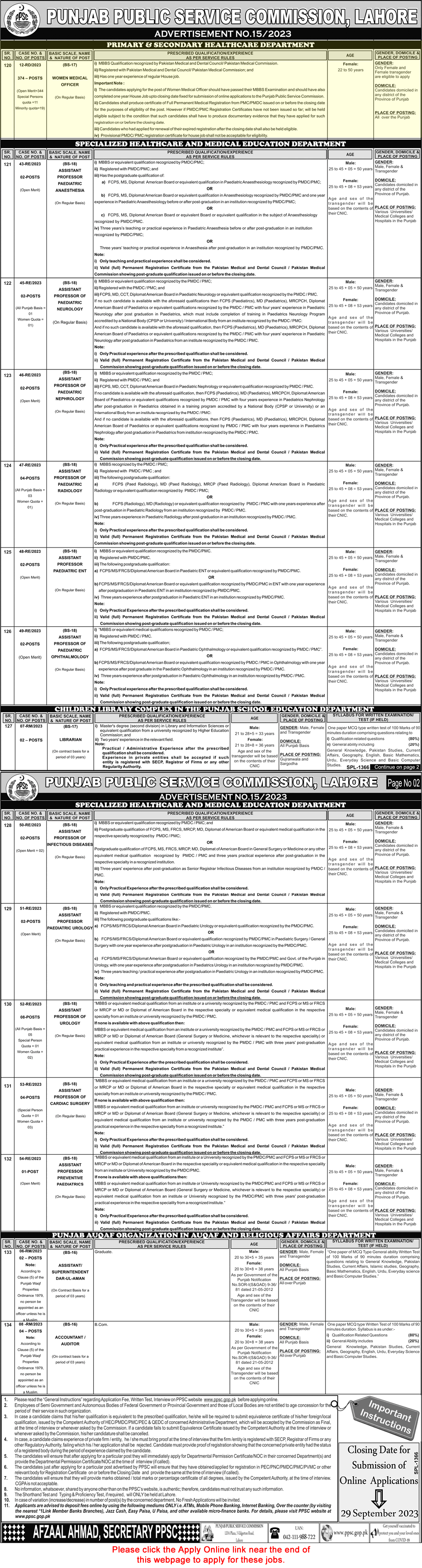 Women Medical Officer Jobs in Primary and Secondary Healthcare Department Punjab September 2023 PPSC Apply Online Latest