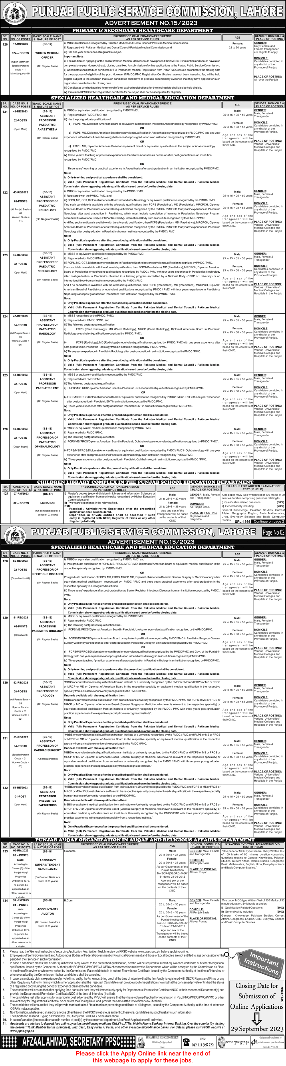 PPSC Jobs September 2023 Apply Online Consolidated Advertisement No 15/2023 Latest