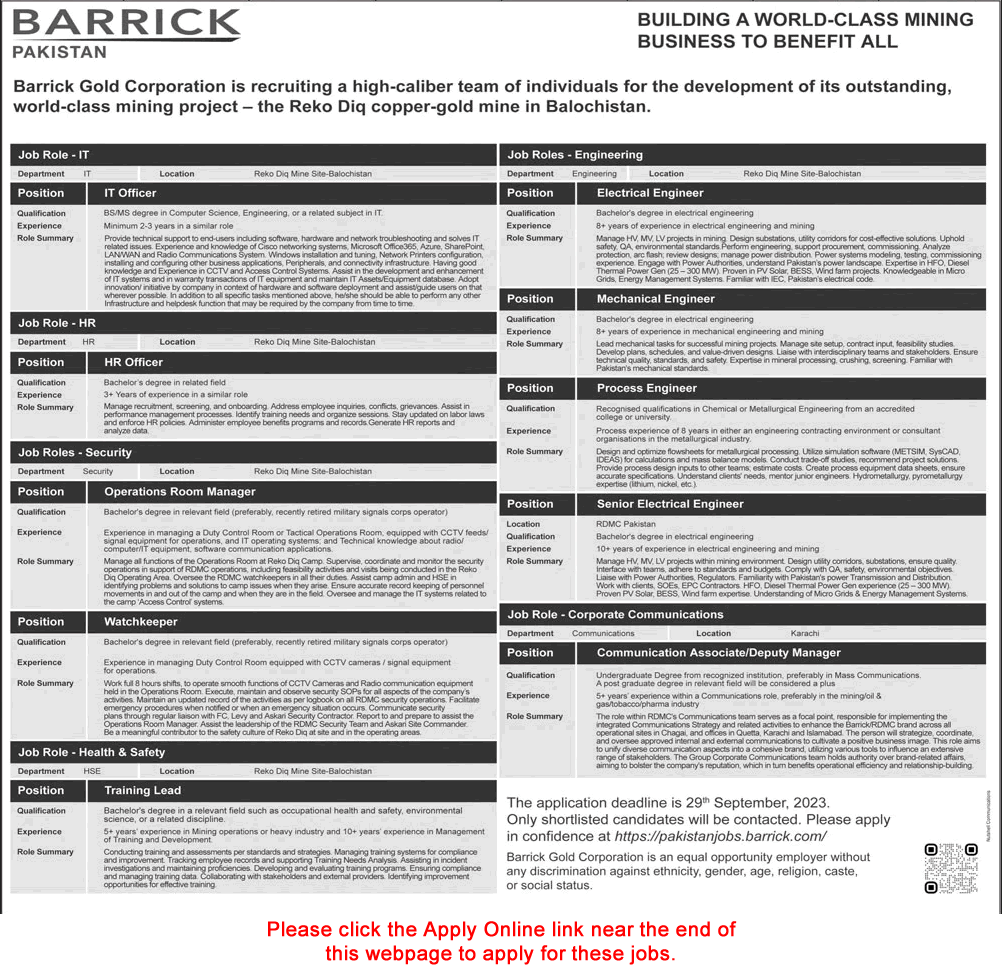 Barrick Gold Corporation Balochistan Jobs September 2023 Online Apply Latest