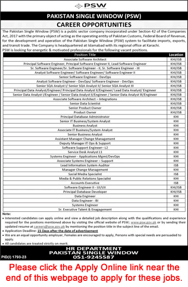 Pakistan Single Window Jobs September 2023 PSW Apply Online Software Engineers & Others Latest