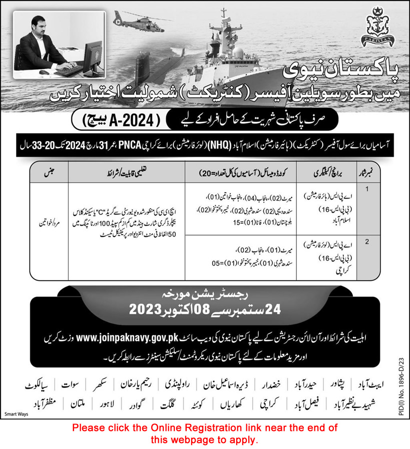Pakistan Navy Civilian Officer Jobs 2023 September Online Registration Assistant Private Secretary APS Latest