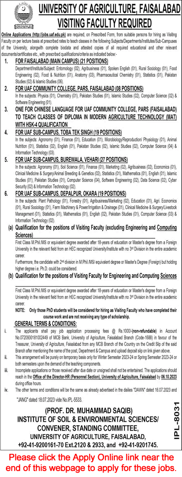 Visiting Faculty Jobs in University of Agriculture September 2023 UAF Apply Online Latest