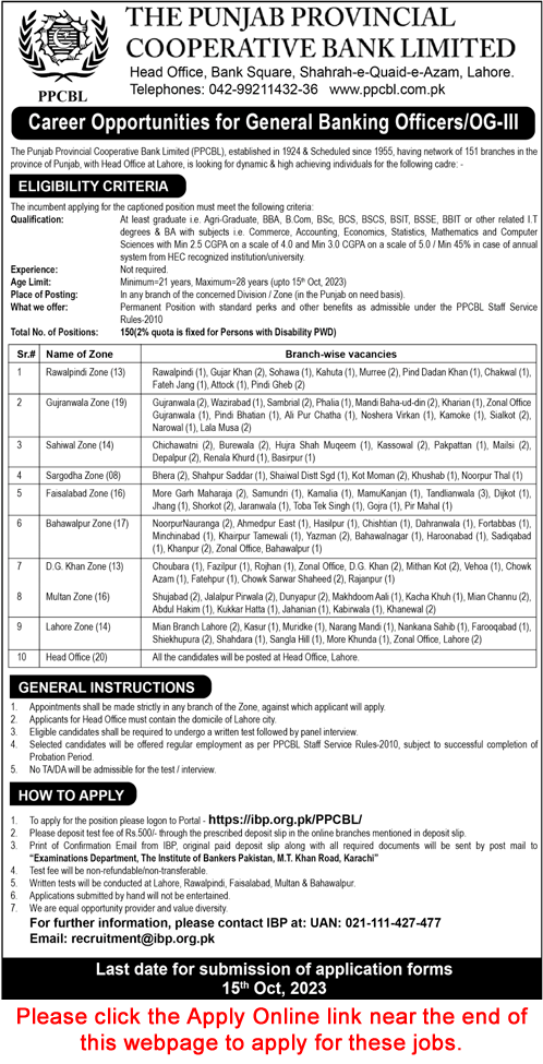 General Banking Officer Jobs in Punjab Provincial Cooperative Bank Limited 2023 October PPCBL Apply Online Latest