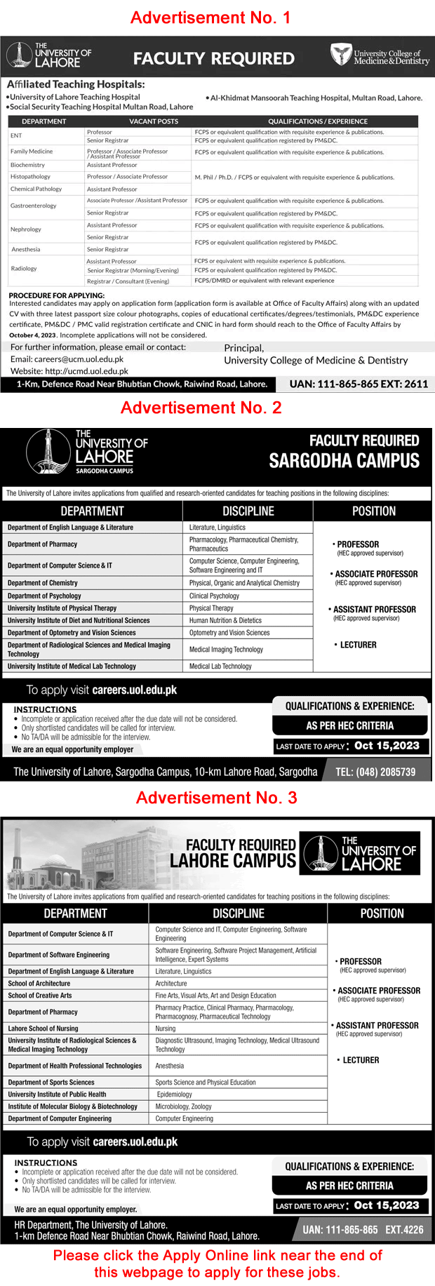 Teaching Faculty Jobs in University of Lahore October 2023 UOL Apply Online Latest