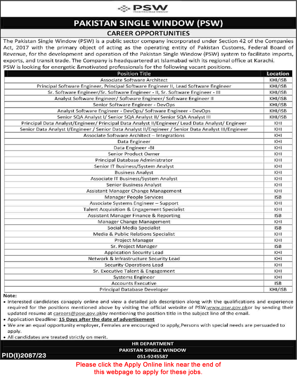 Pakistan Single Window Jobs October 2023 PSW Online Apply Software Engineers & Others Latest