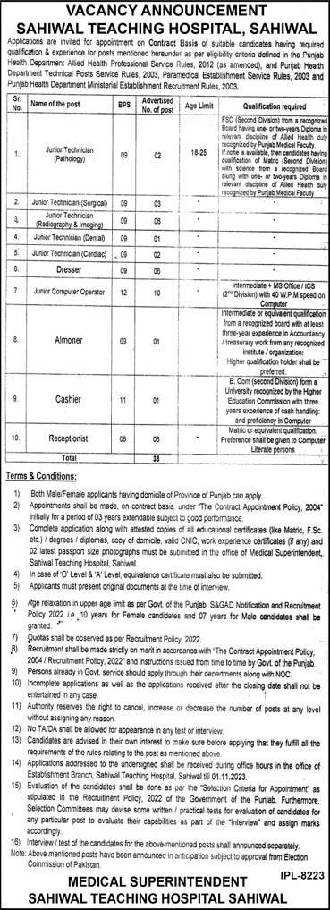 Sahiwal Teaching Hospital Jobs 2023 October Medical Technicians, Computer Operators & Others Latest