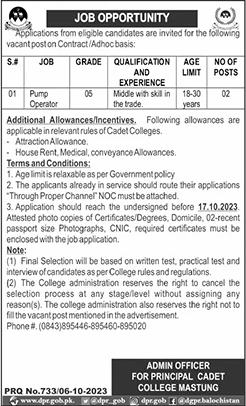 Pump Operator Jobs in Cadet College Mastung 2023 October Latest