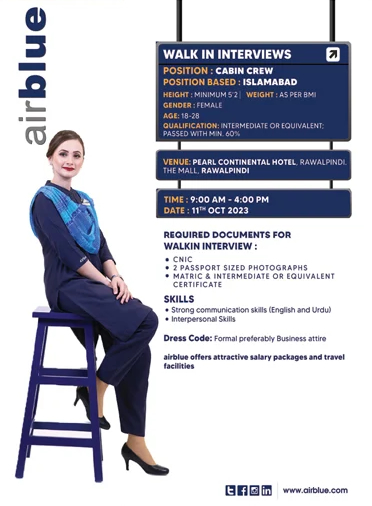 Airhostess Jobs in Air Blue October 2023 Walk in Interviews Female Cabin Crew Latest