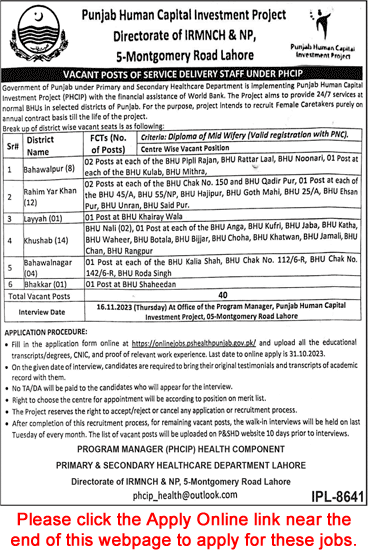 Caretaker Jobs in Punjab Human Capital Investment Project October 2023 PHCIP Apply Online Latest
