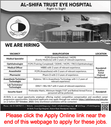 Al Shifa Trust Eye Hospital Jobs October 2023 November Online Apply Medical Officer & Others Latest