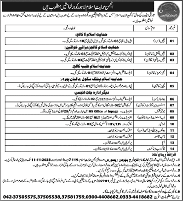 Anjuman Himayat-e-Islam Lahore Jobs 2023 October / November Latest