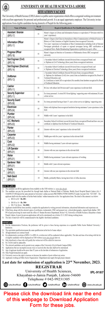 University of Health Sciences Lahore Jobs November 2023 Application Form Gardener, Mali, Naib Qasid & Others Latest