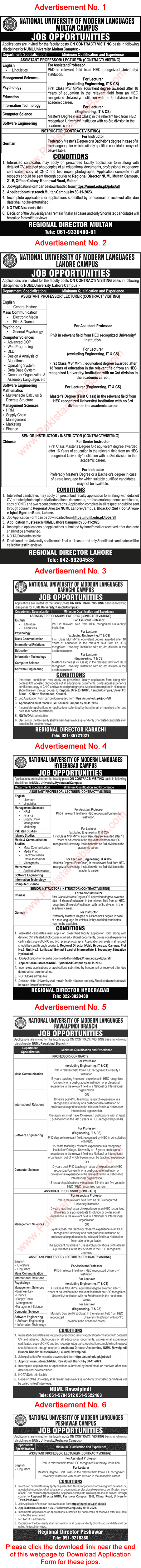 Teaching Faculty Jobs in NUML University November 2023 Application Form Latest