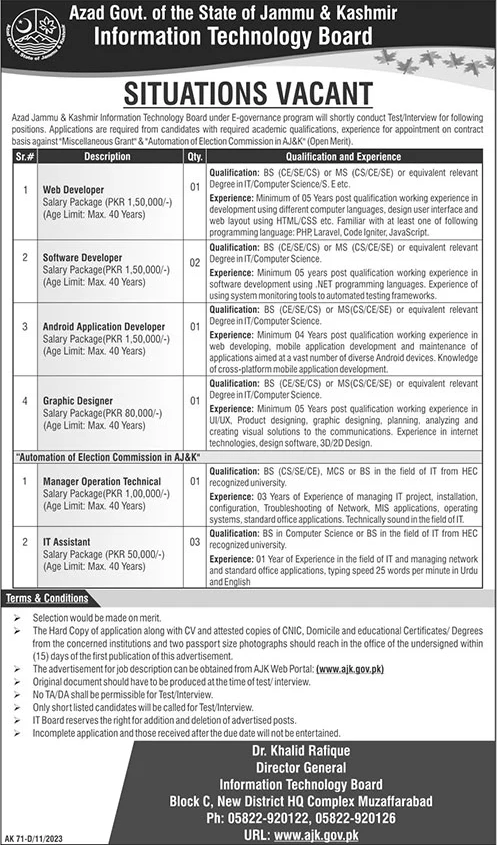 AJK Information Technology Board Jobs 2023 November IT Assistants, Software Developers & Others Latest