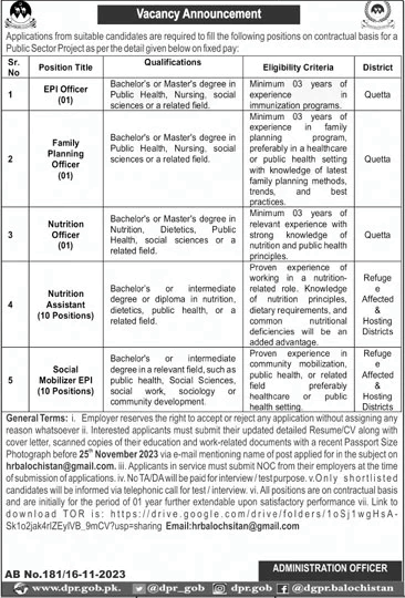 Public Sector Organization Balochistan Jobs November 2023 Nutrition Assistants & Others Latest