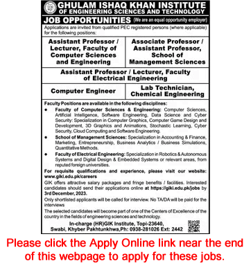 GIKI Jobs November 2023 Teaching Faculty & Others Online Apply