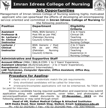 Sialkot Medical College Jobs November 2023 Imran Idrees College of Nursing Teaching Faculty & Others Latest
