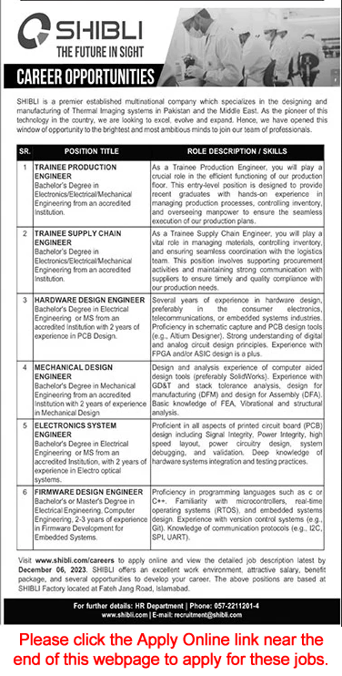 Shibli Electronics Islamabad Jobs 2023 November Trainees / Engineers Apply Online Latest
