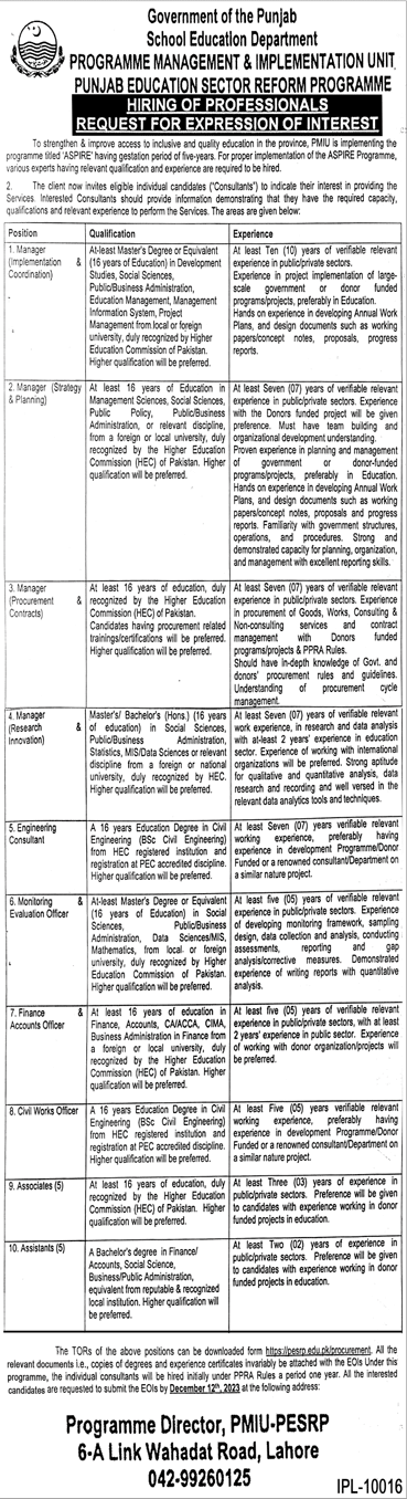 School Education Department Punjab Jobs November 2023 Associates, Assistants & Others Latest