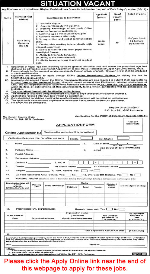 Data Entry Operator Jobs in Election Commission KPK 2023 November Online Apply PO Box 281 Latest