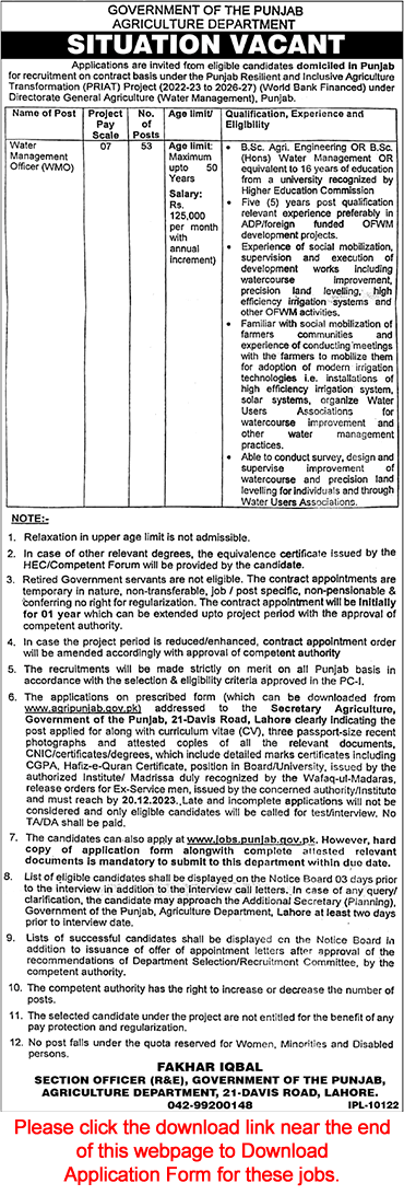 Water Management Officer Jobs in Agriculture Department Punjab November 2023 December Application Form Latest