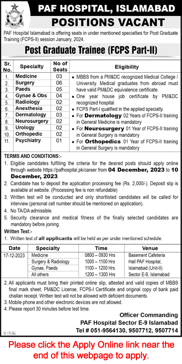 PAF Hospital Islamabad FCPS Postgraduate Training December 2023 Apply Online Latest