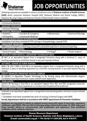 Shalamar Institute of Health Sciences Lahore Jobs December 2023 Postgraduate Trainees & Others Latest