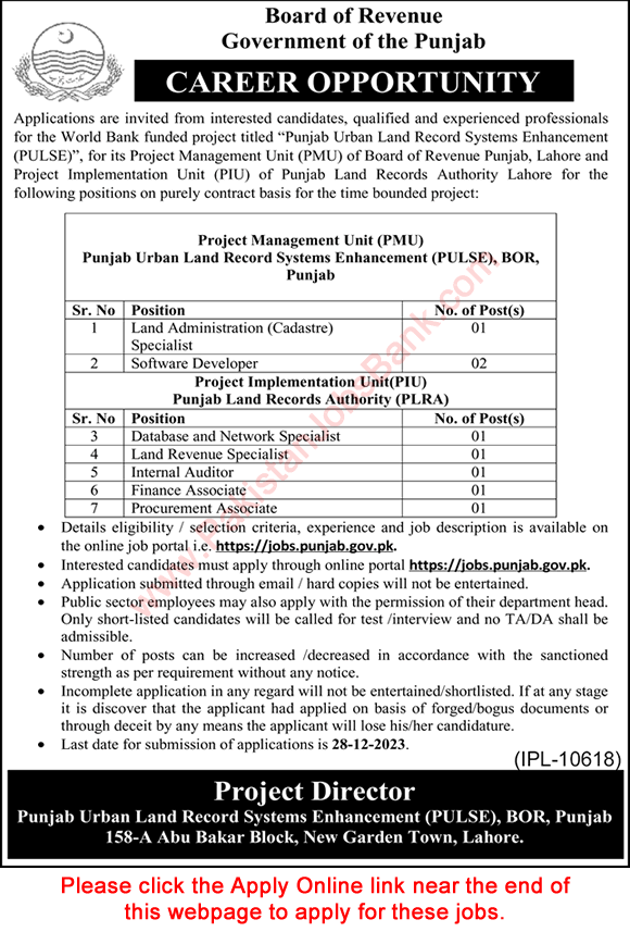 Board of Revenue Punjab Jobs December 2023 PLRA Apply Online Software Developers, Specialists & Others PULSE PIU PMU Latest