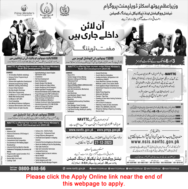 NAVTTC Free Courses December 2023 Online Apply Prime Minister Youth Skills Development Program PMYSDP Latest