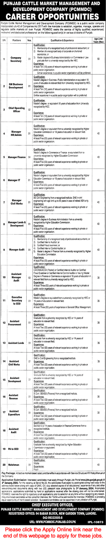 Punjab Cattle Market Management and Development Company Jobs December 2023 Apply Online PCMMDC Latest