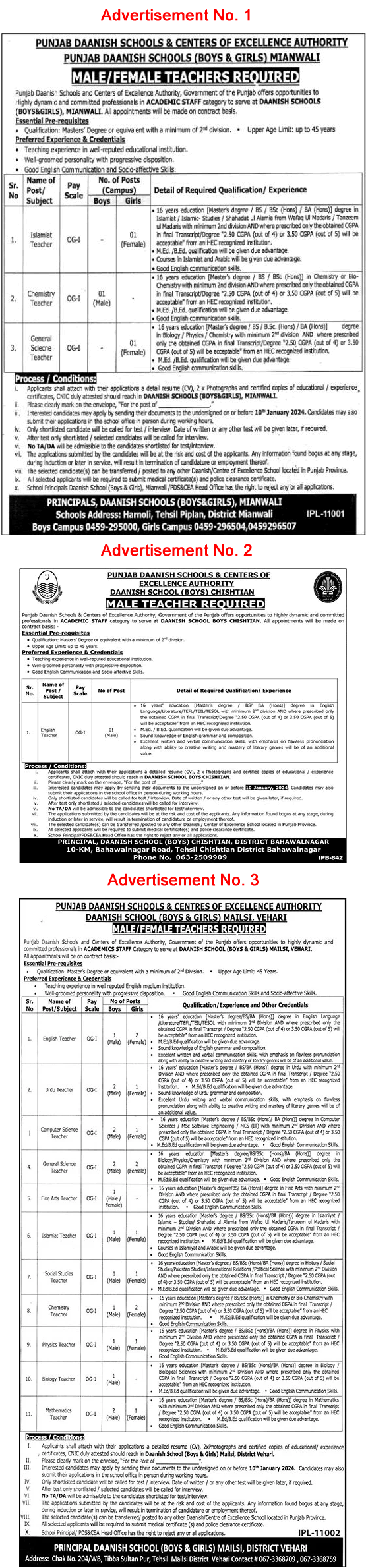 Punjab Danish School Jobs December 2023 / 2024 Teachers PDS&CEA Center of Excellence Latest