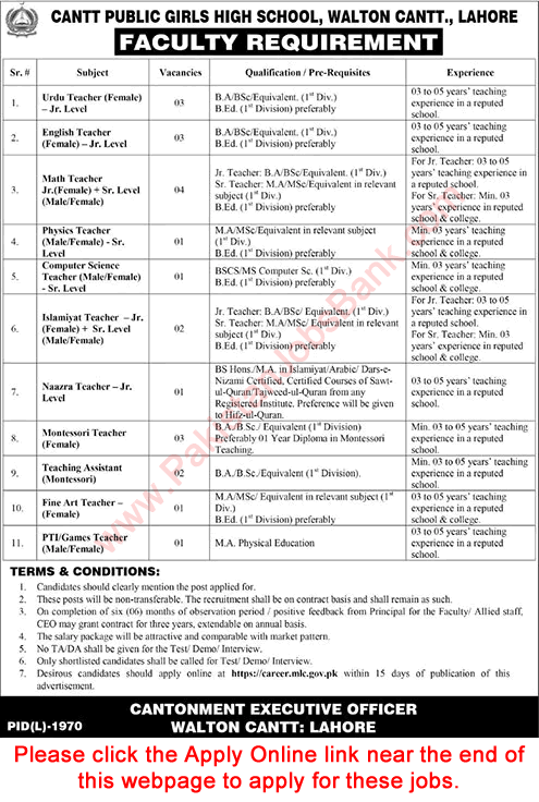 Teaching Jobs in Cantt Public Girls High School Lahore December 2023 / 2024 Online Apply Latest