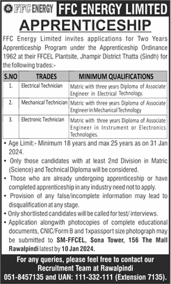 FFC Energy Limited Apprenticeship 2023 / 2024 FFCEL Electrical / Mechanical / Electronics Technicians Latest