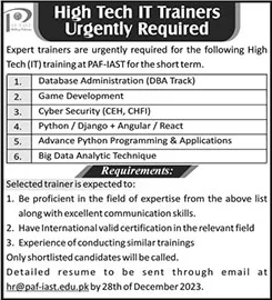 IT Trainer Jobs in PAF IAST December 2023 / 2024 Haripur KPK Latest