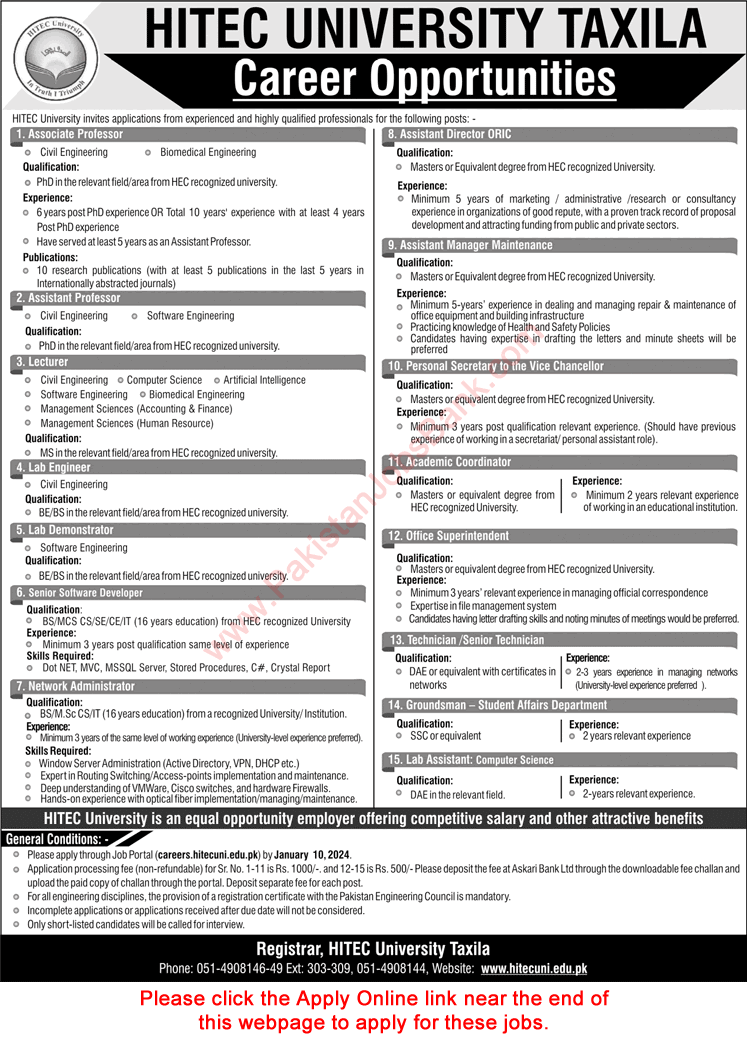 HITEC University Taxila Jobs December 2023 / 2024 Online Apply Teaching Faculty & Others Latest