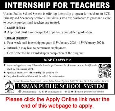 Usman Public School System Karachi Internship Program 2023 December 2024 Apply Online for Teachers Latest