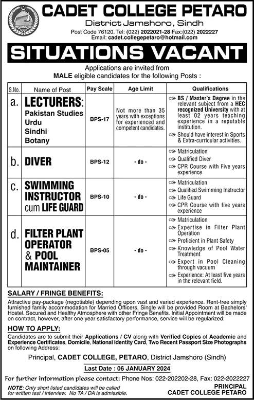 Cadet College Petaro Jobs December 2023 / 2024 CCP Lecturers & Others Latest